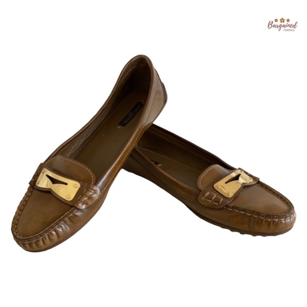 Authentic Louis Vuitton Dark Taupe  Leather Penny Loafers Flat Shoes Size 38/8